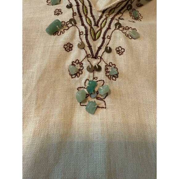 RAFAELLA Beige Embroidered Beaded Blouse100% Linen V-Neck Tiny Flaw Size 14 - Picture 11 of 16